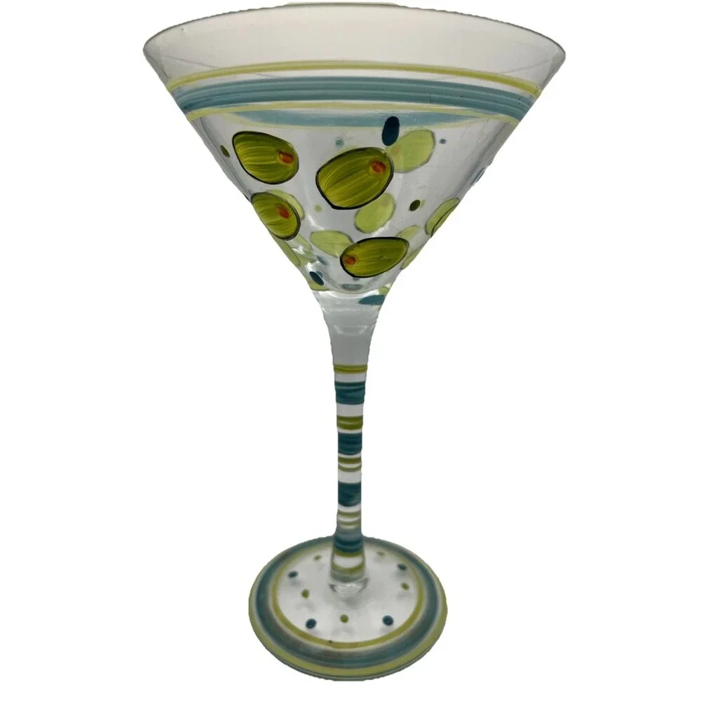 Martini Glass Hand Painted Green Stuffed Olives Pimentos Oversized Y2K